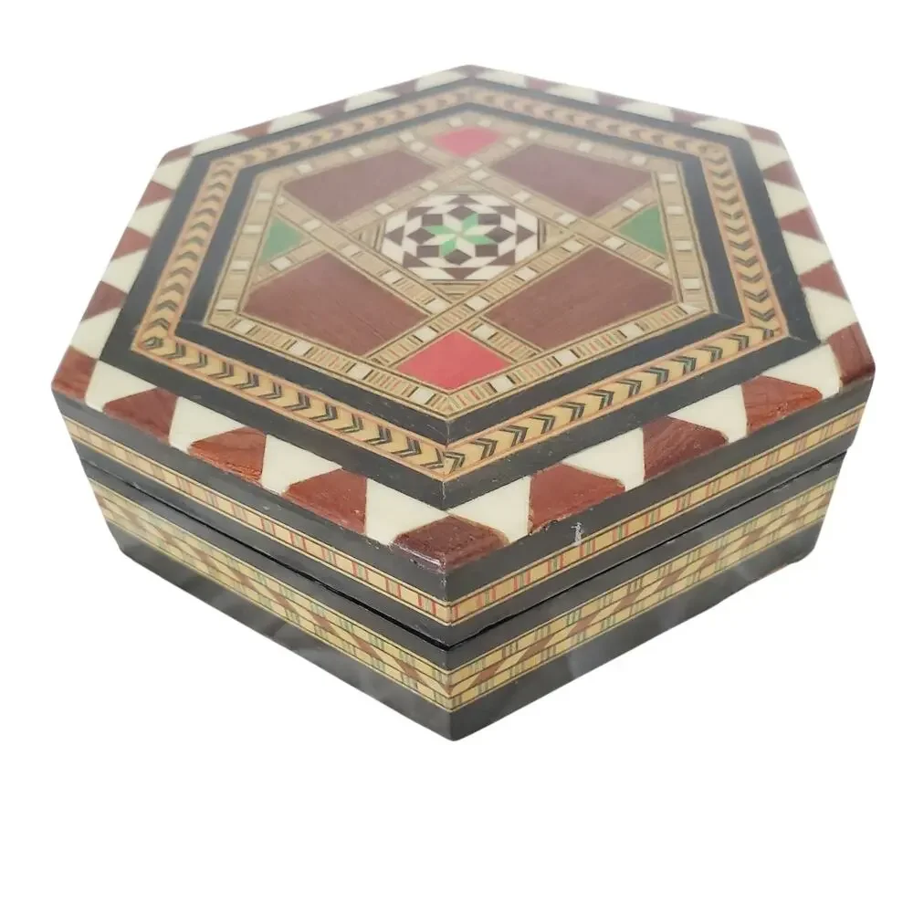 Vintage Spanish Marquetry Trinket Box| Hexagon Jewelry Inlaid Wood Taracea